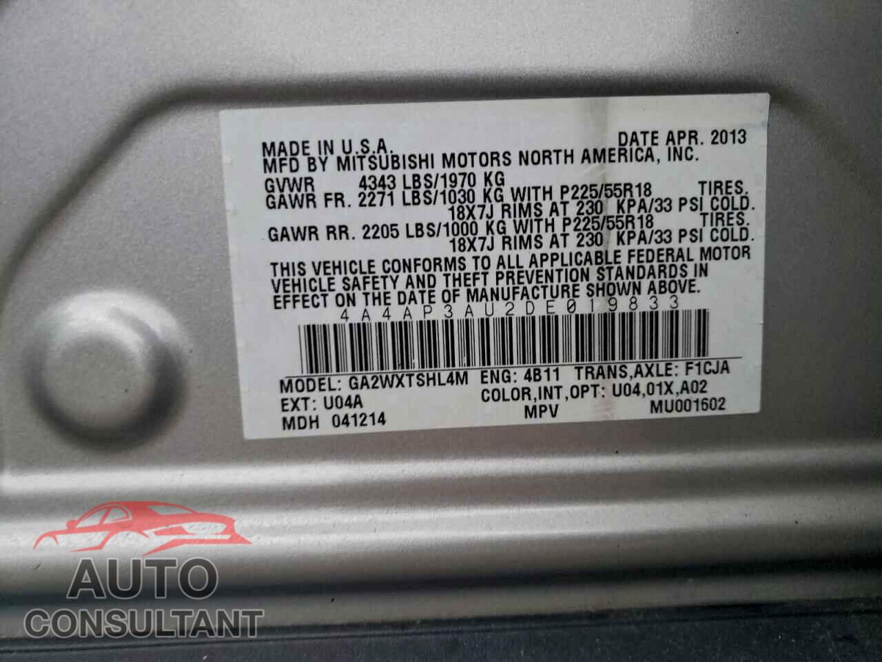MITSUBISHI OUTLANDER 2013 - 4A4AP3AU2DE019833