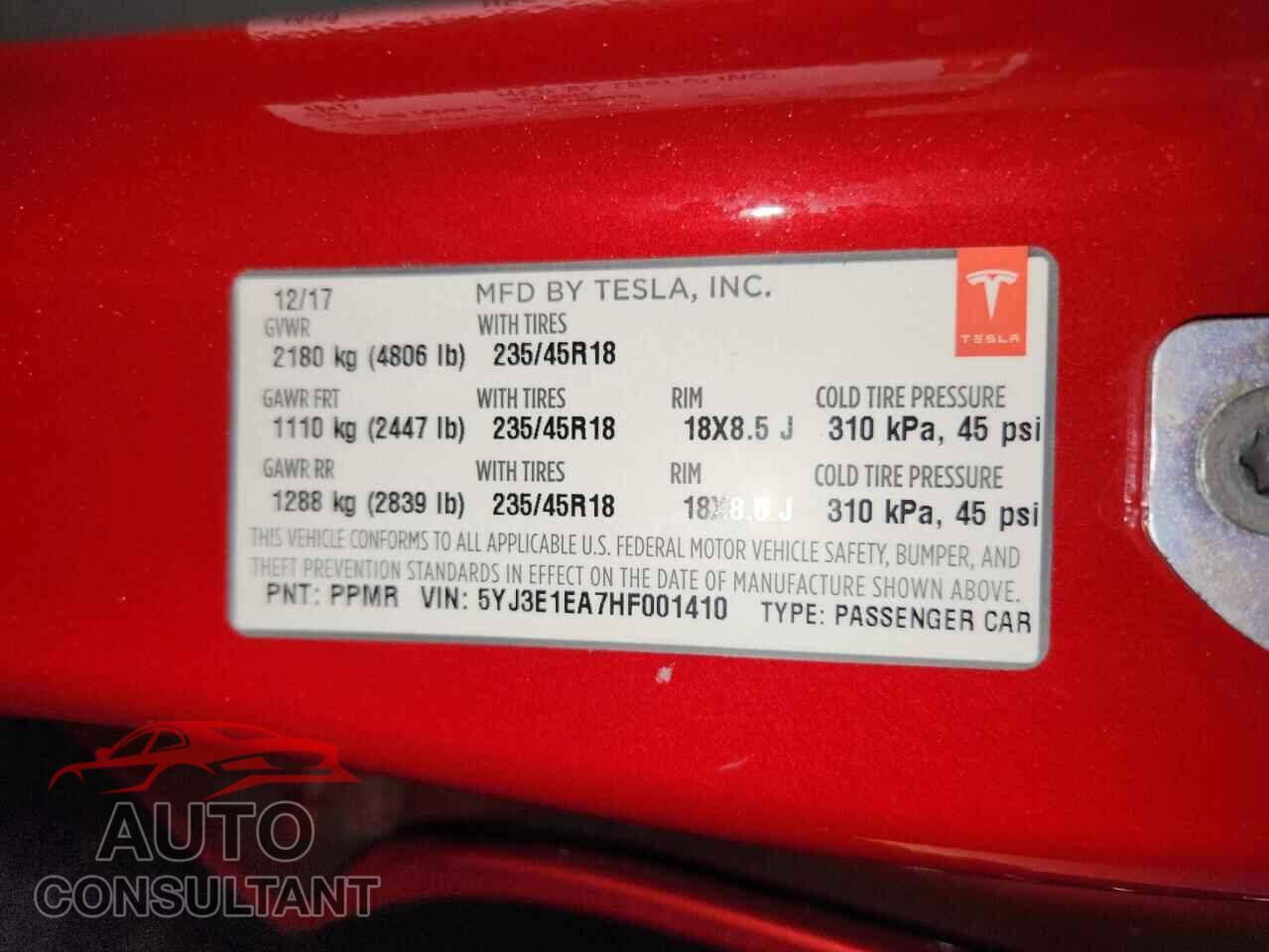 TESLA MODEL 3 2017 - 5YJ3E1EA7HF001410