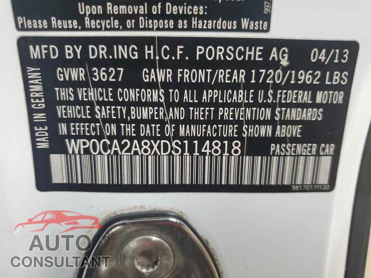 PORSCHE BOXSTER 2013 - WP0CA2A8XDS114818