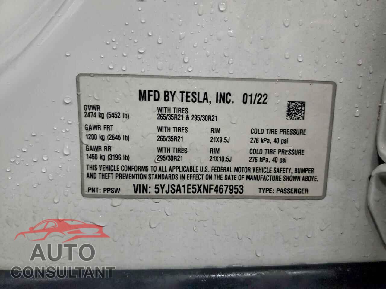 TESLA MODEL S 2022 - 5YJSA1E5XNF467953