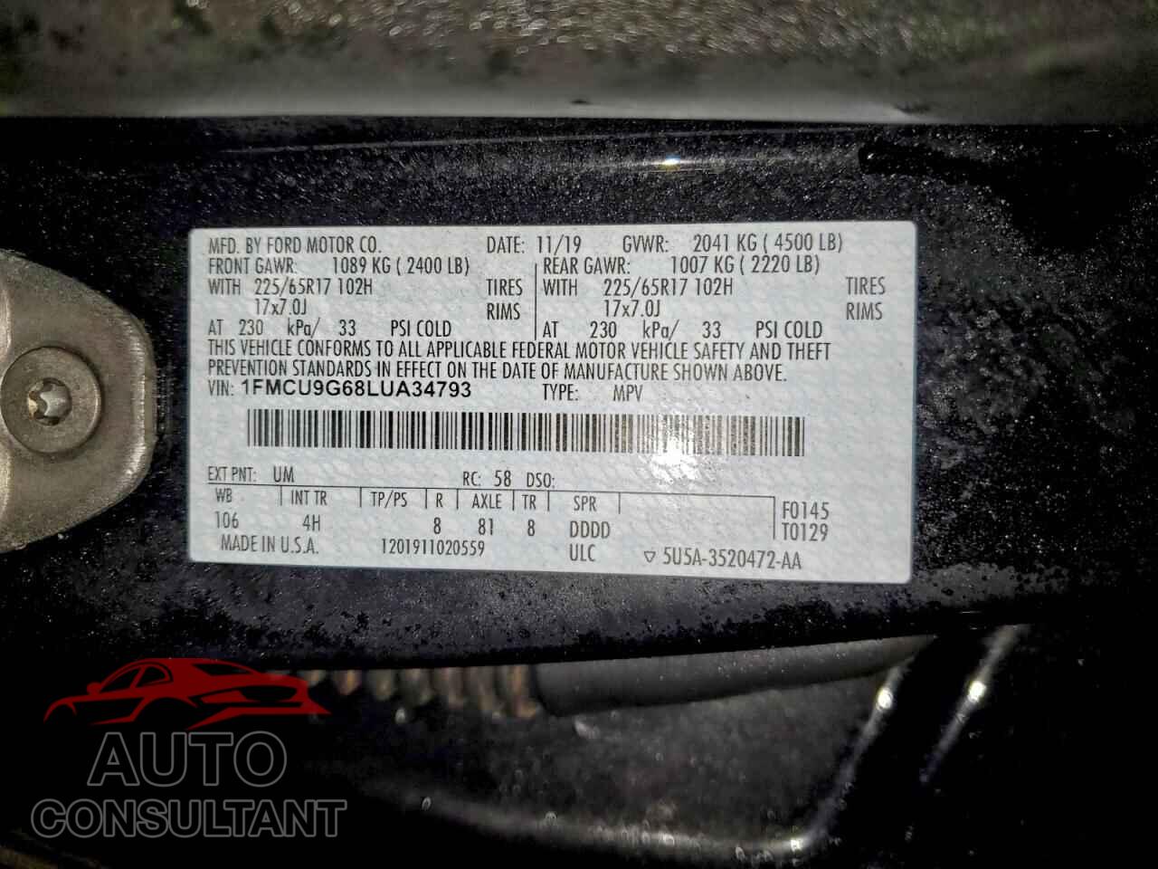 FORD ESCAPE 2020 - 1FMCU9G68LUA34793