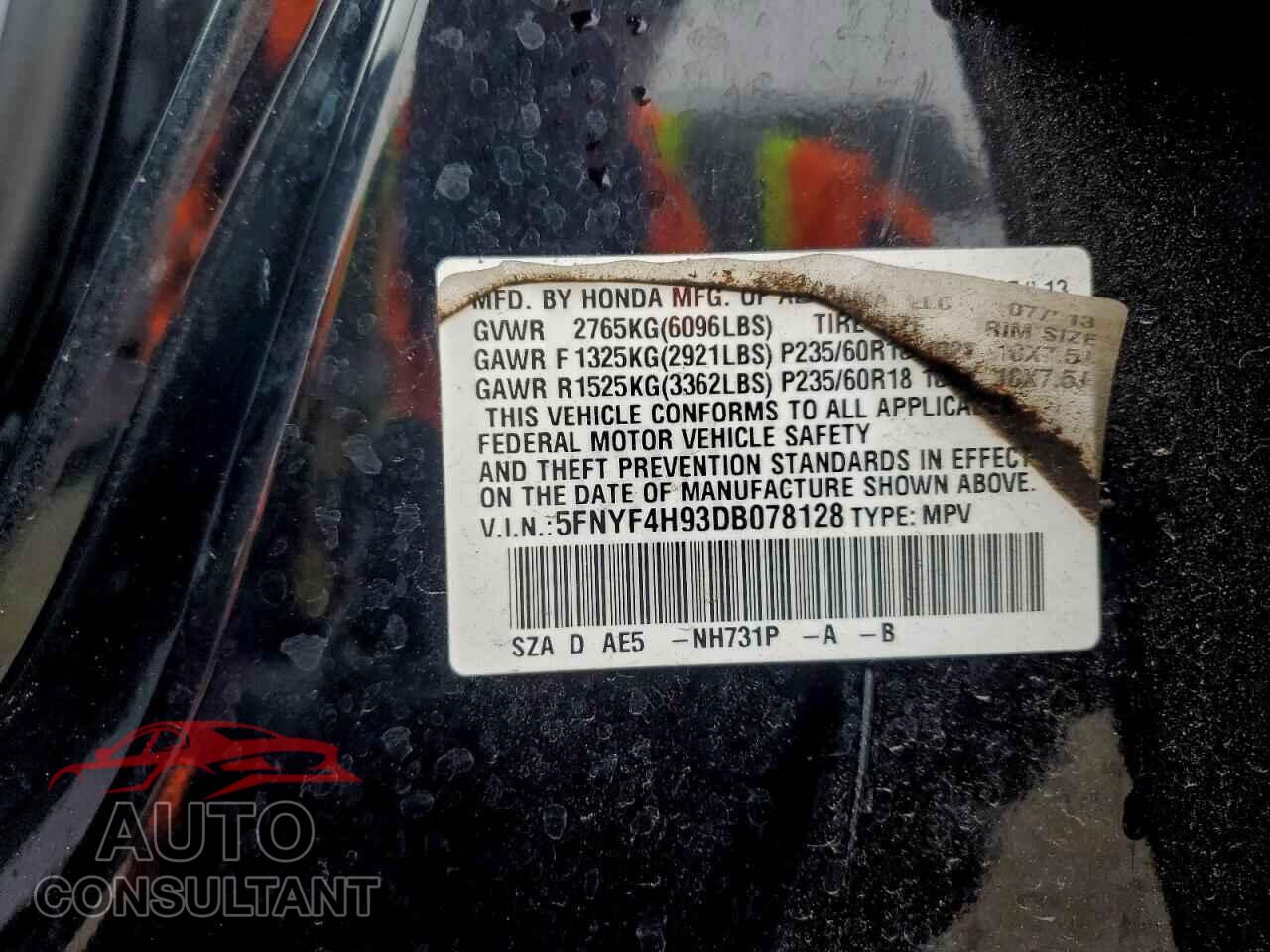 HONDA PILOT 2013 - 5FNYF4H93DB078128