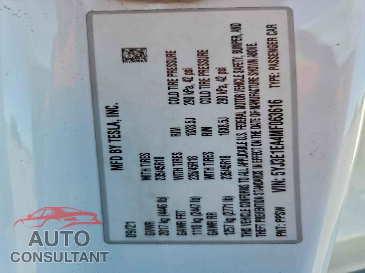 TESLA MODEL 3 2021 - 5YJ3E1EA4MF063616