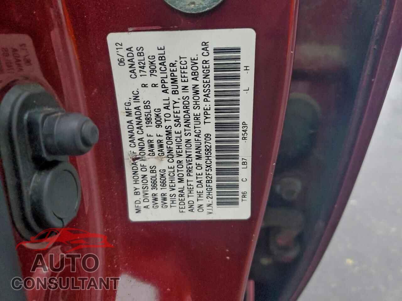 HONDA CIVIC 2012 - 2HGFB2F5XCH582709