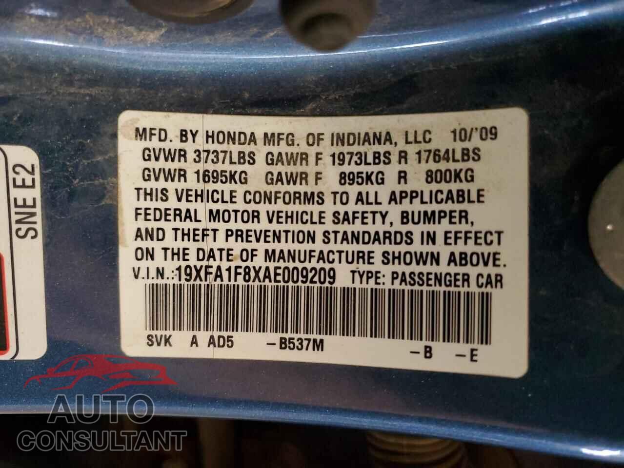 HONDA CIVIC 2010 - 19XFA1F8XAE009209