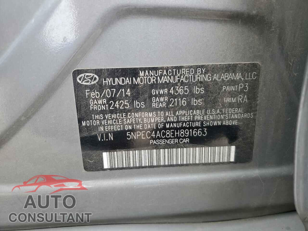 HYUNDAI SONATA 2014 - 5NPEC4AC8EH891663