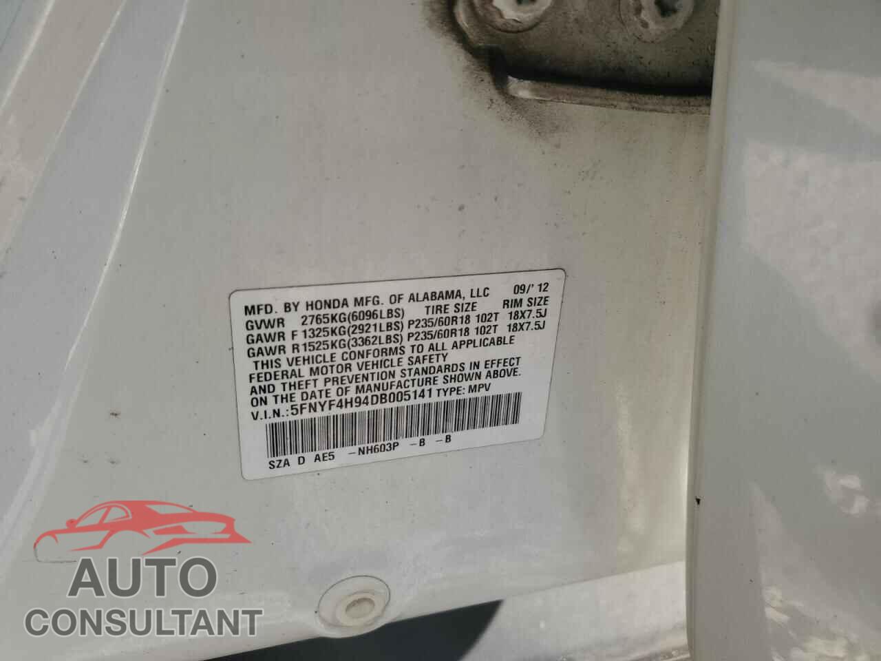HONDA PILOT 2013 - 5FNYF4H94DB005141
