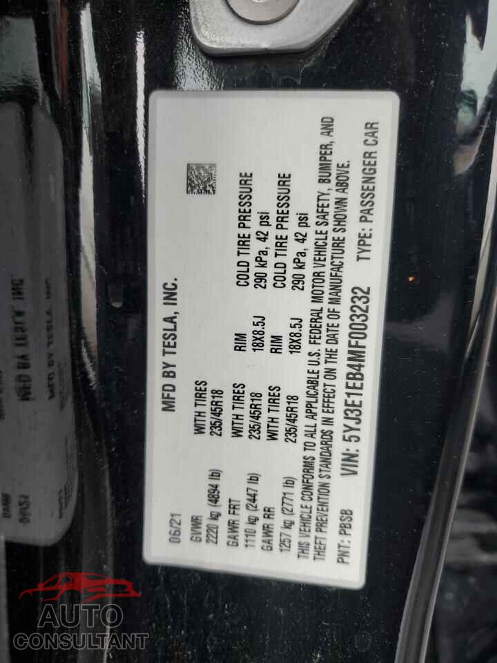 TESLA MODEL 3 2021 - 5YJ3E1EB4MF003232