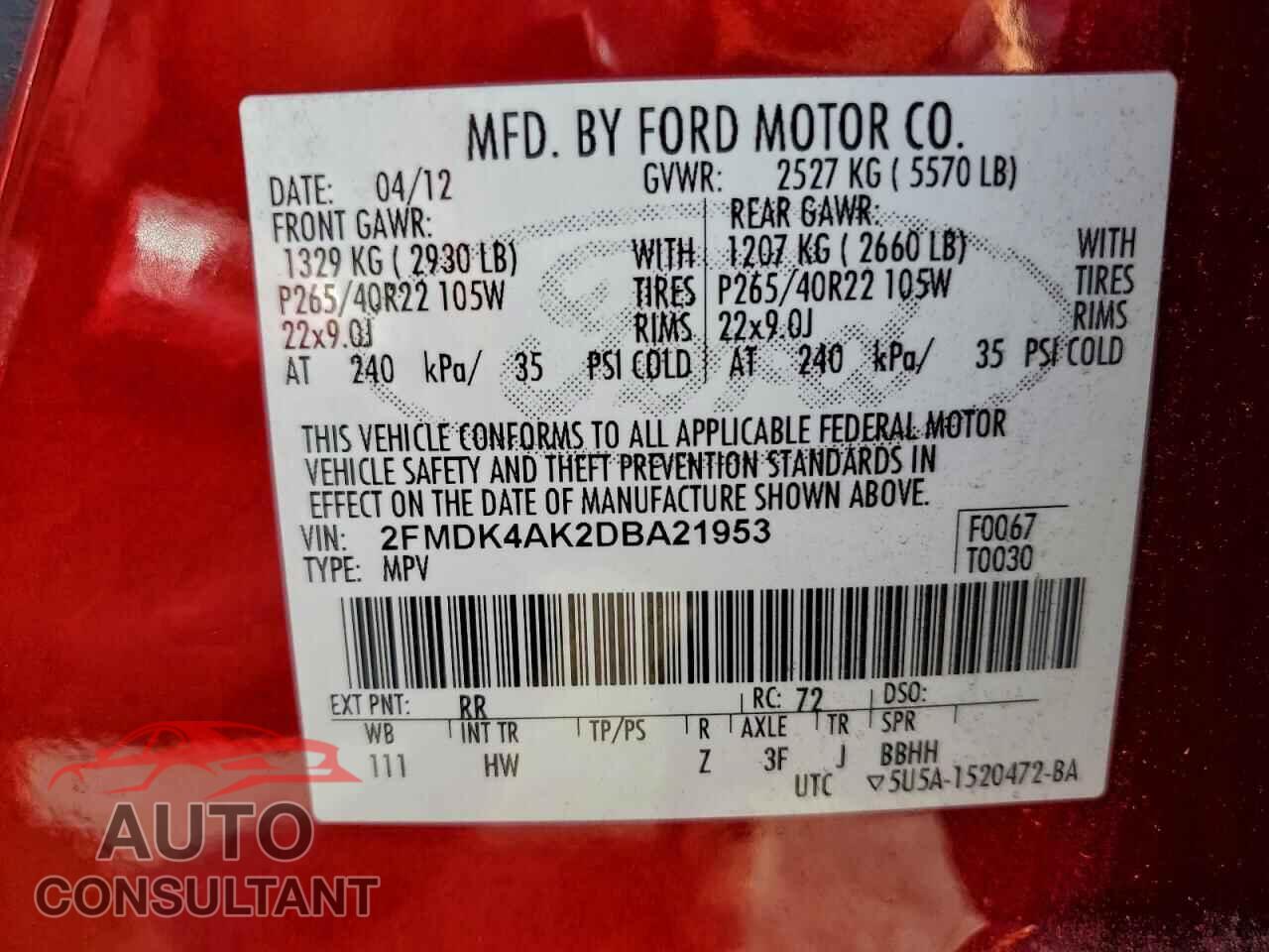 FORD EDGE 2013 - 2FMDK4AK2DBA21953