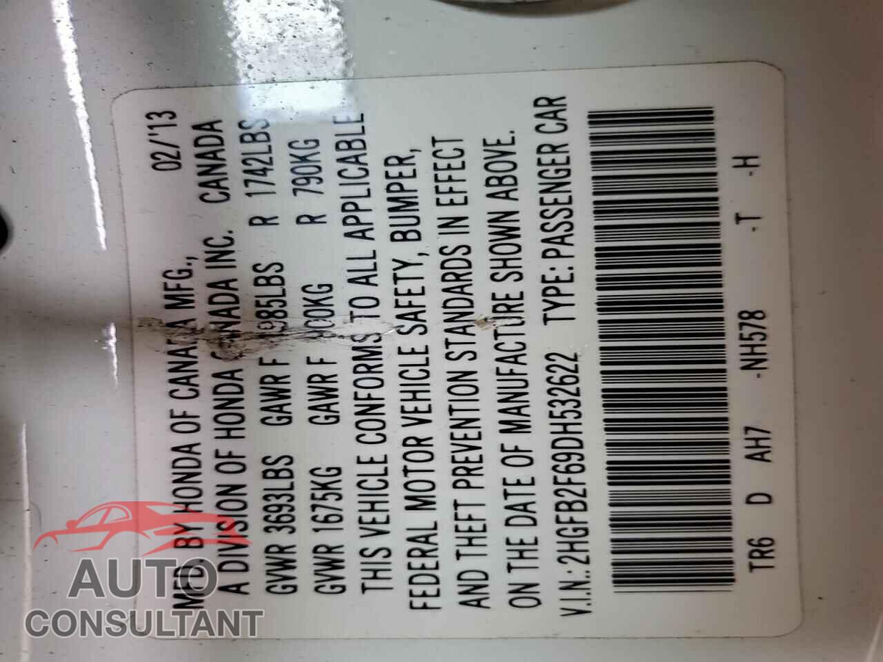HONDA CIVIC 2013 - 2HGFB2F69DH532622
