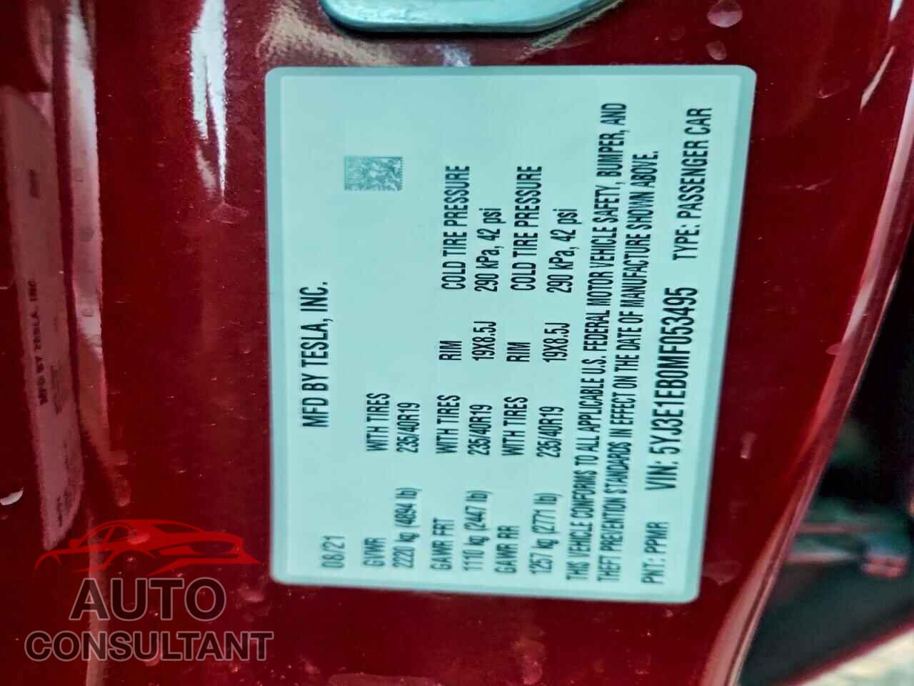 TESLA MODEL 3 2021 - 5YJ3E1EB0MF053495