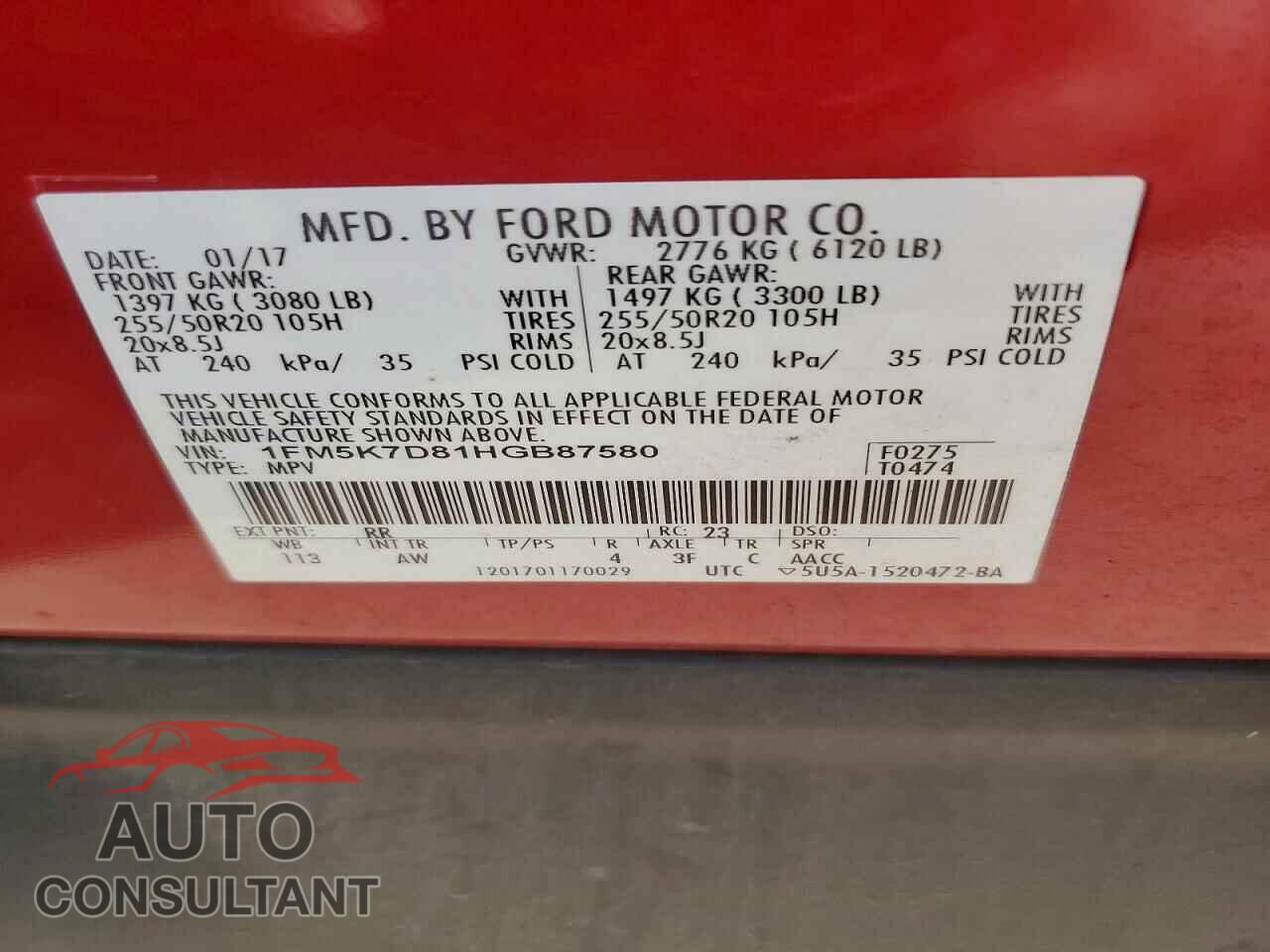 FORD EXPLORER 2017 - 1FM5K7D81HGB87580