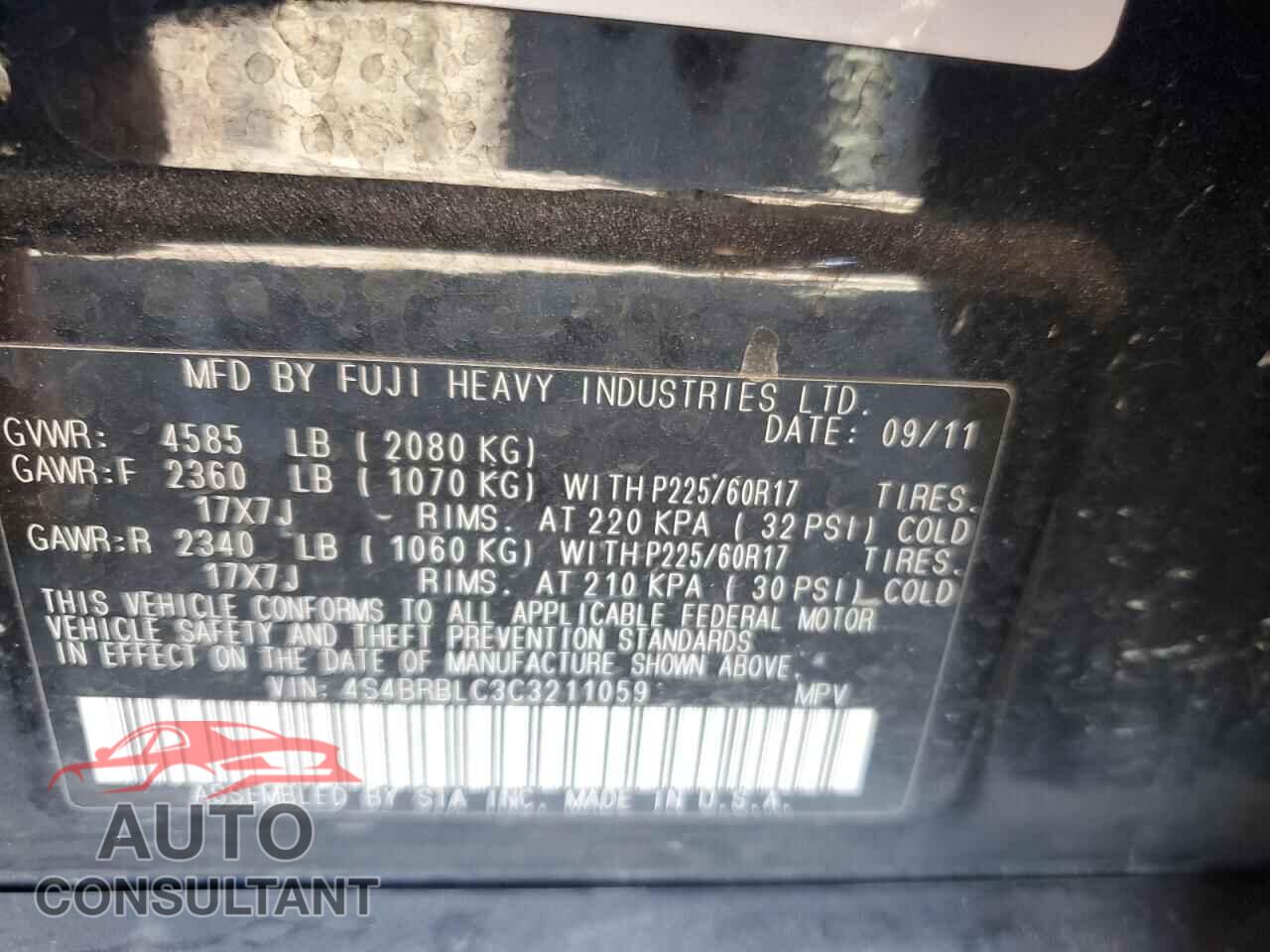 SUBARU OUTBACK 2012 - 4S4BRBLC3C3211059