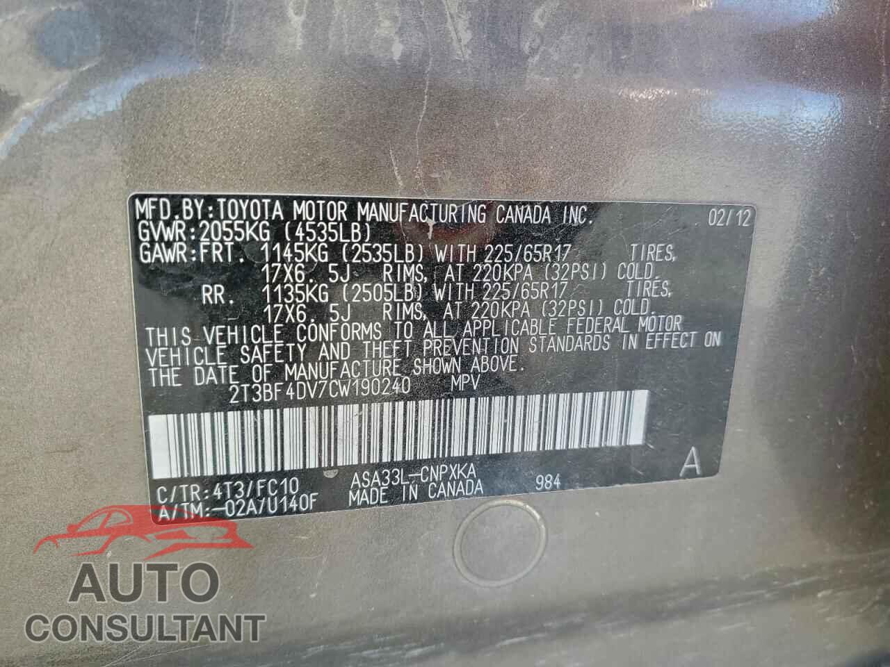 TOYOTA RAV4 2012 - 2T3BF4DV7CW190240