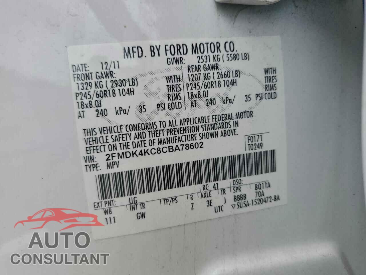 FORD EDGE 2012 - 2FMDK4KC8CBA78602