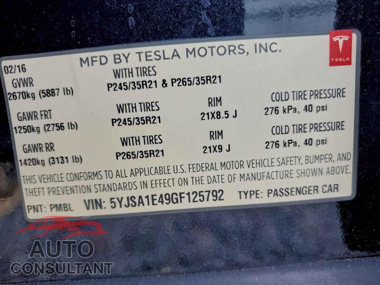 TESLA MODEL S 2016 - 5YJSA1E49GF125792