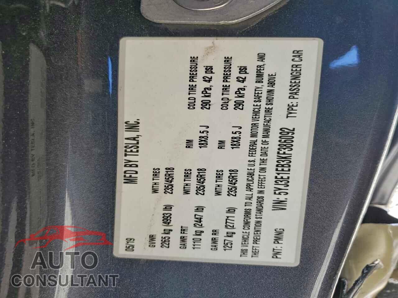TESLA MODEL 3 2019 - 5YJ3E1EB3KF386092