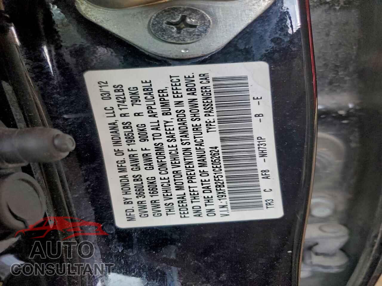 HONDA CIVIC 2012 - 19XFB2F51CE052624