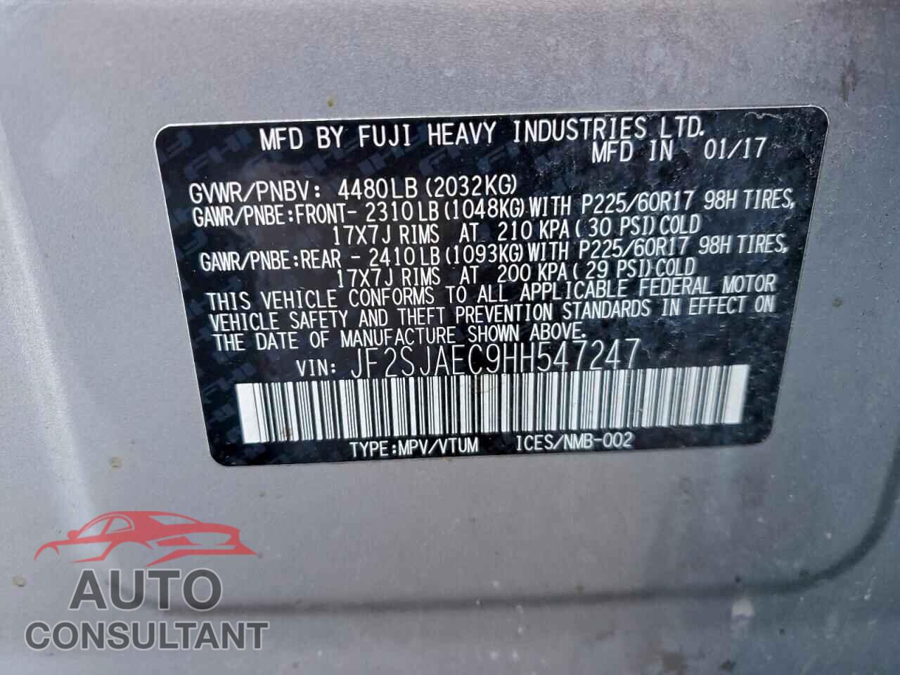 SUBARU FORESTER 2017 - JF2SJAEC9HH547247
