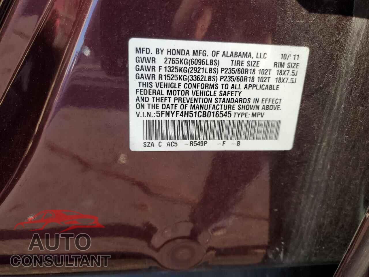 HONDA PILOT 2012 - 5FNYF4H51CB016545