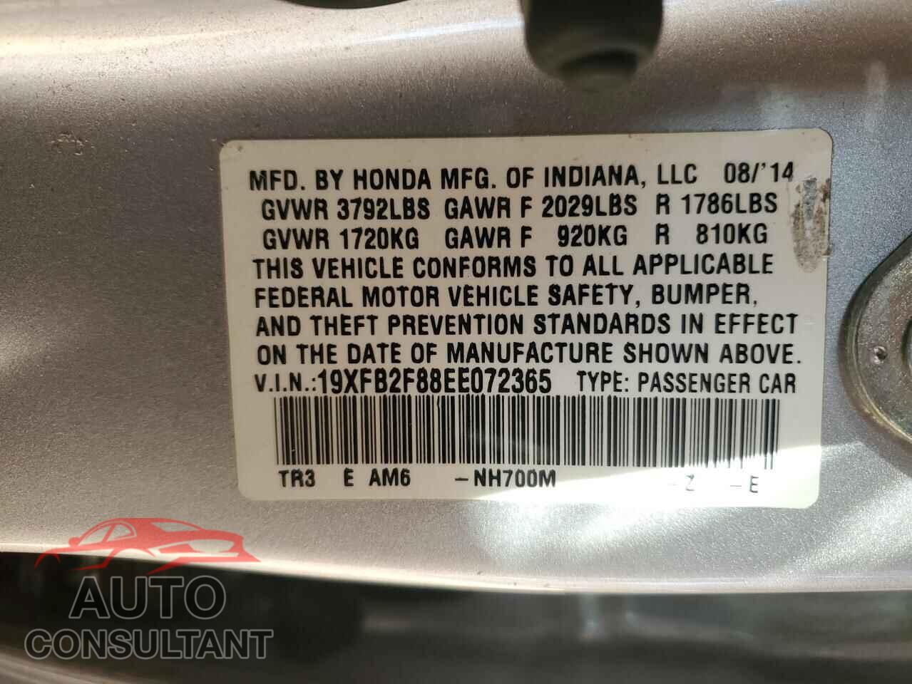 HONDA CIVIC 2014 - 19XFB2F88EE072365