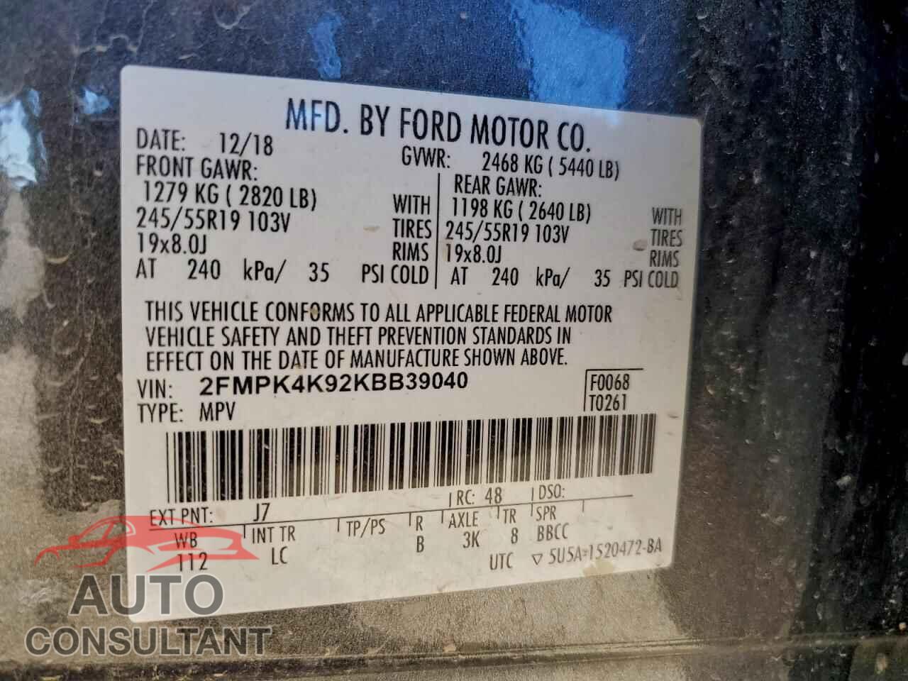 FORD EDGE 2019 - 2FMPK4K92KBB39040