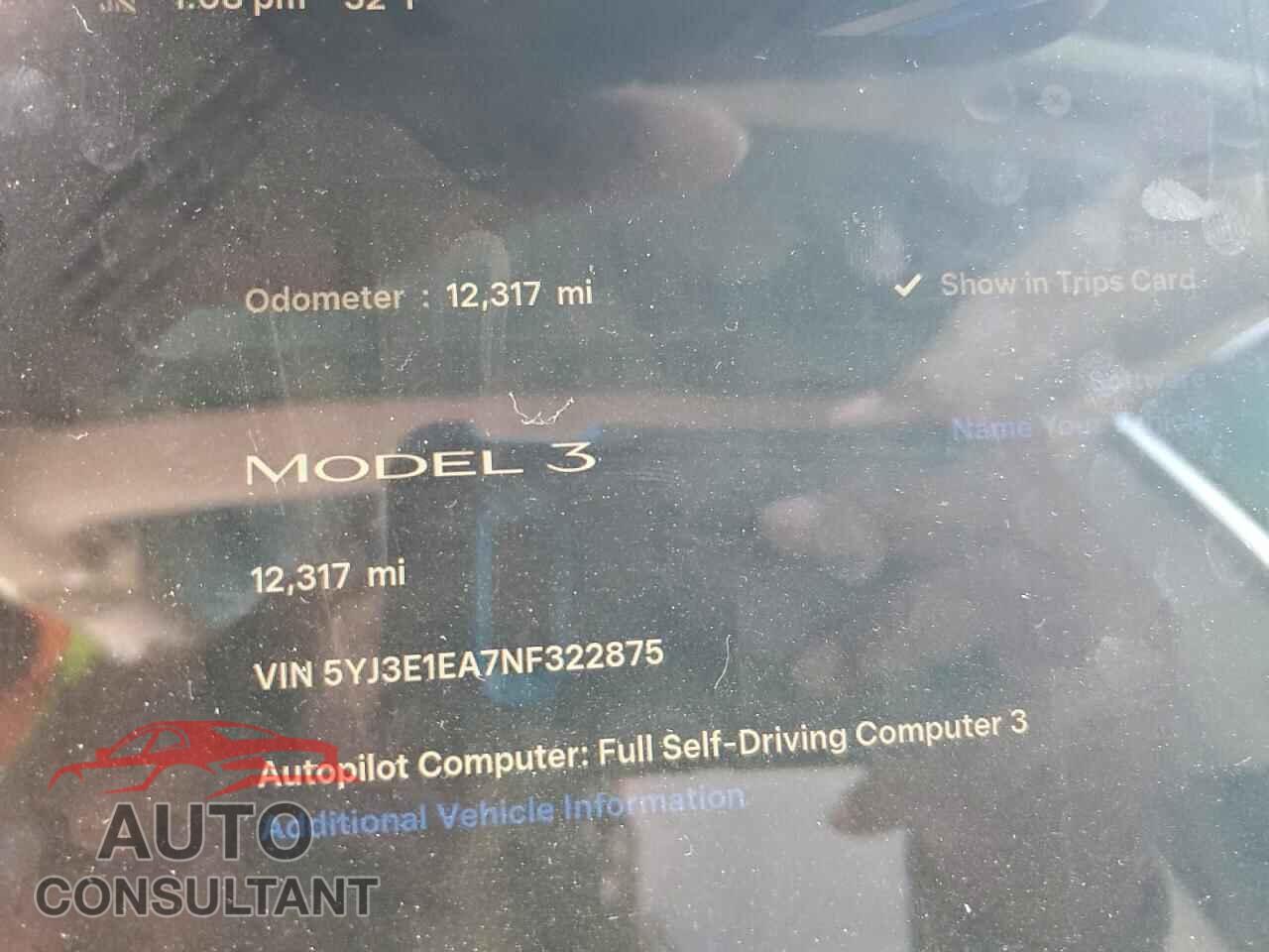 TESLA MODEL 3 2022 - 5YJ3E1EA7NF322875
