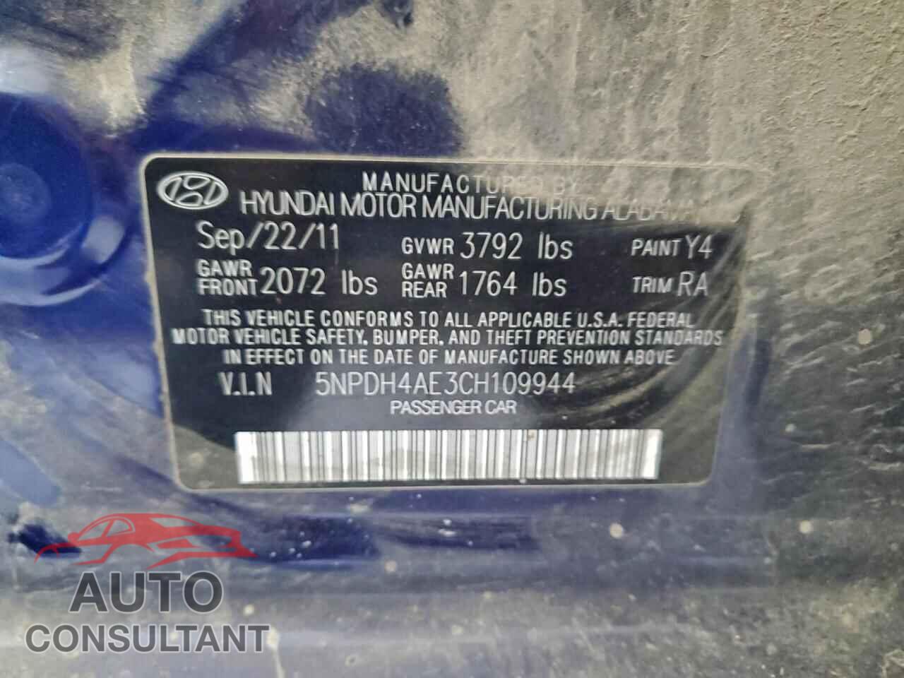 HYUNDAI ELANTRA 2012 - 5NPDH4AE3CH109944