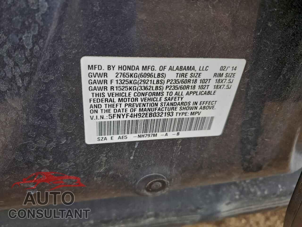 HONDA PILOT 2014 - 5FNYF4H92EB032193