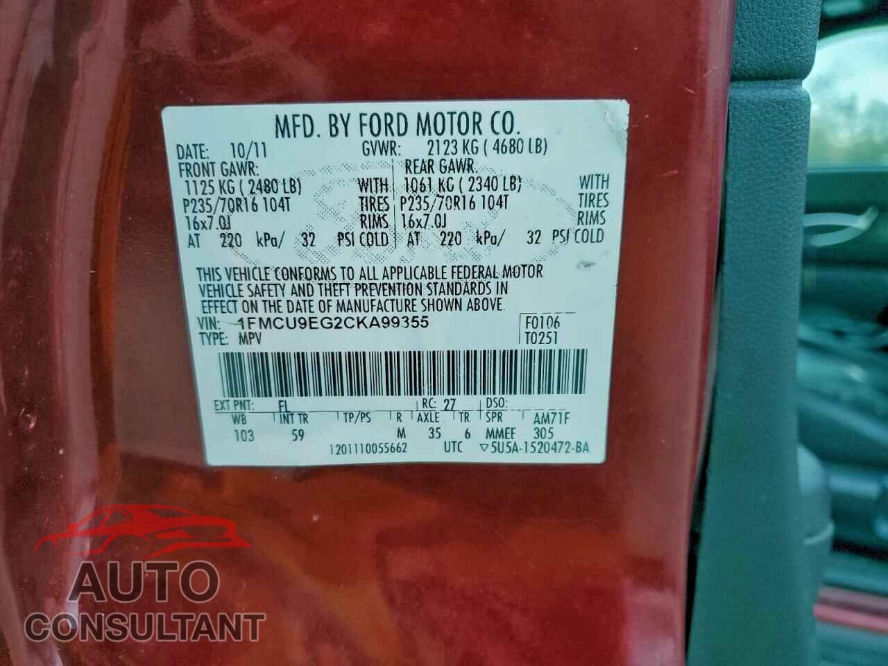 FORD ESCAPE 2012 - 1FMCU9EG2CKA99355