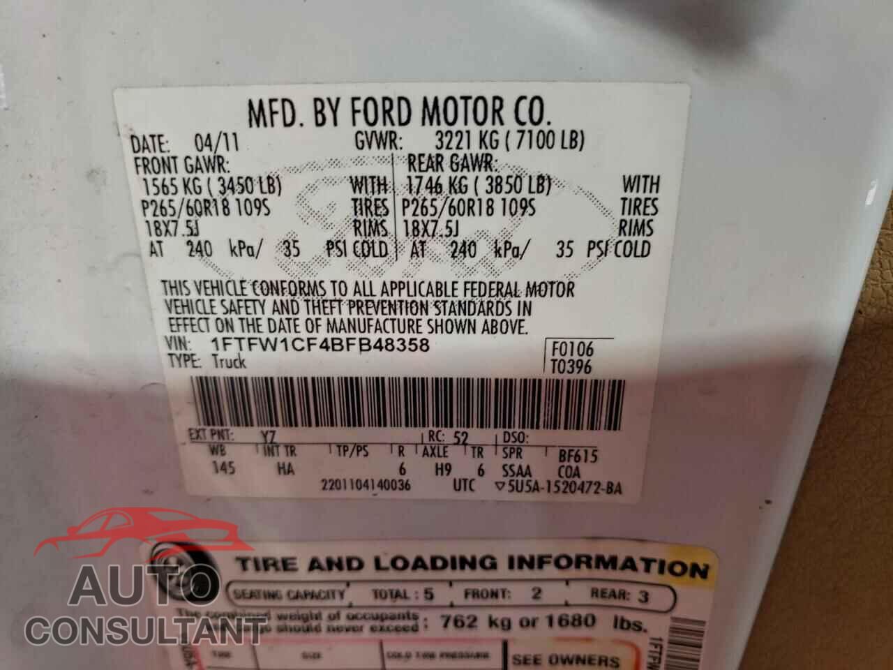 FORD F-150 2011 - 1FTFW1CF4BFB48358