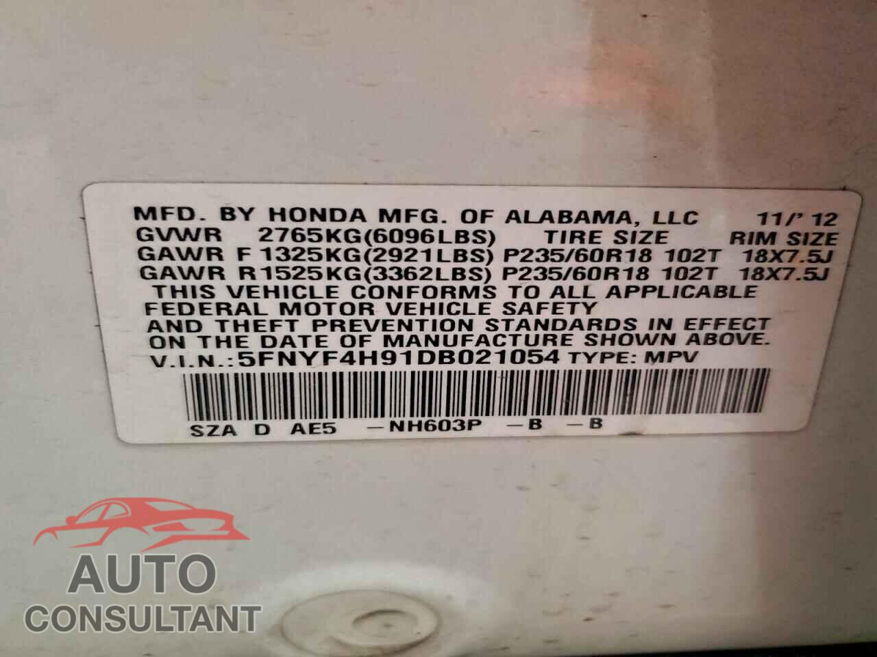HONDA PILOT 2013 - 5FNYF4H91DB021054