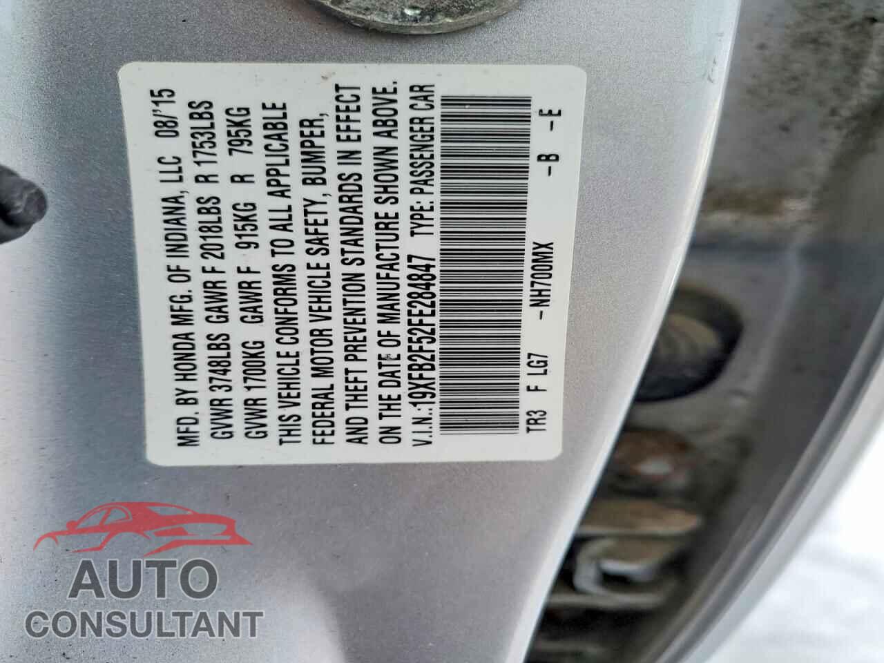 HONDA CIVIC 2015 - 19XFB2F52FE284847
