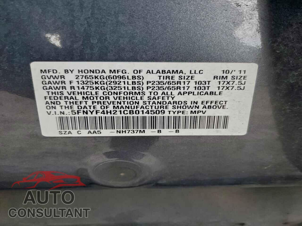 HONDA PILOT 2012 - 5FNYF4H21CB014509