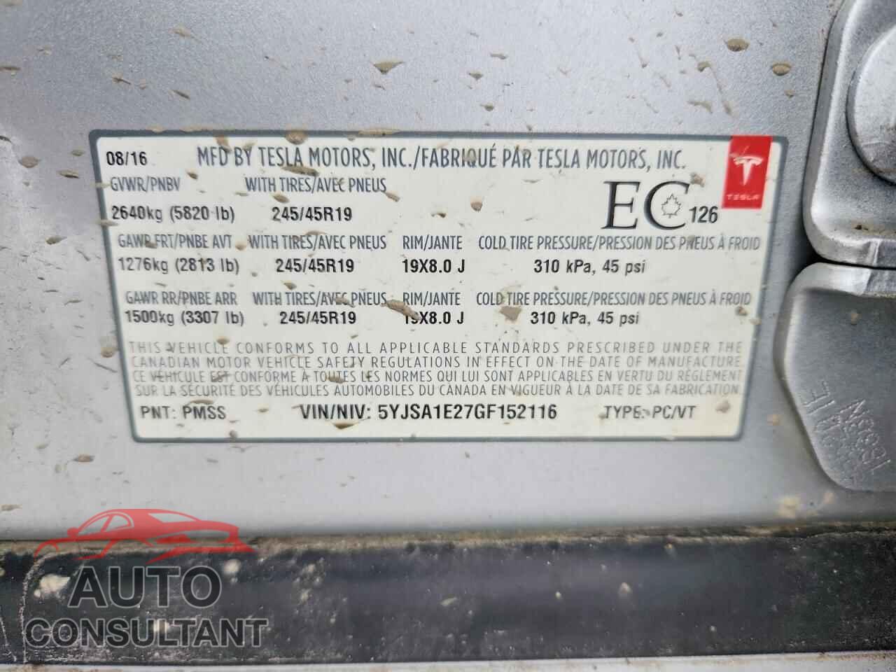 TESLA MODEL S 2016 - 5YJSA1E27GF152116