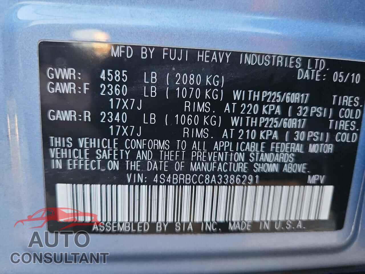 SUBARU OUTBACK 2010 - 4S4BRBCC8A3386291