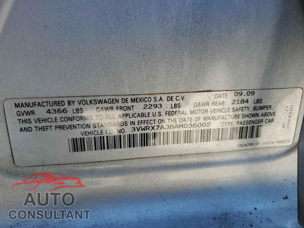 VOLKSWAGEN JETTA 2010 - 3VWRX7AJ8AM036002