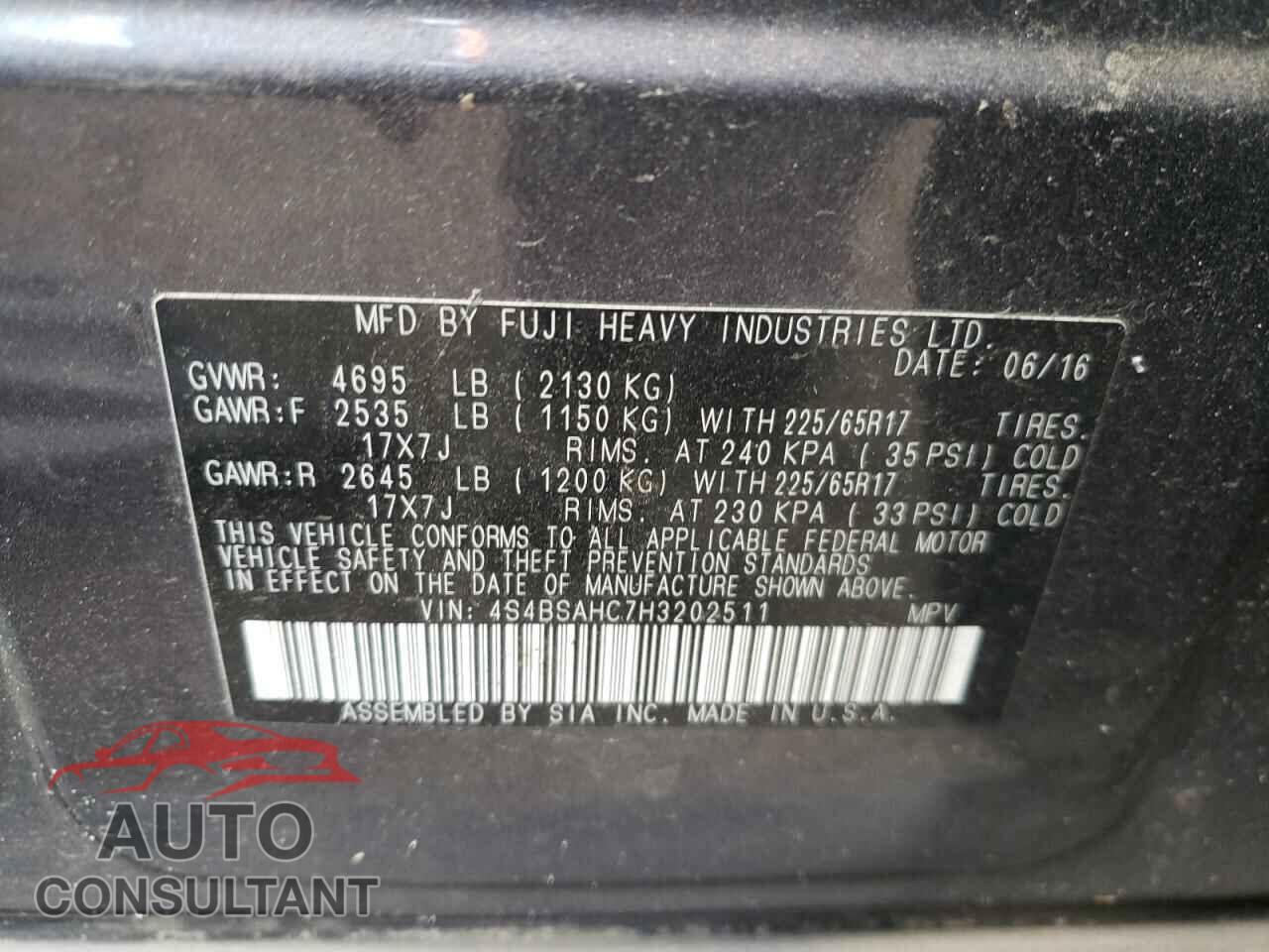 SUBARU OUTBACK 2017 - 4S4BSAHC7H3202511