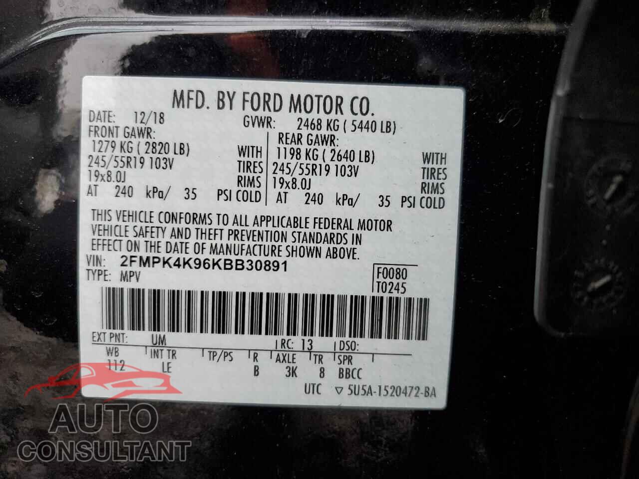FORD EDGE 2019 - 2FMPK4K96KBB30891