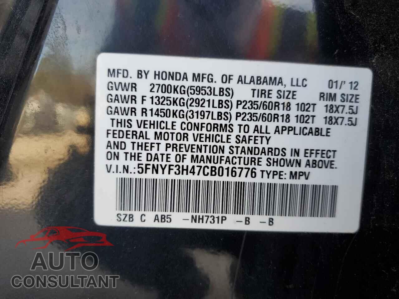 HONDA PILOT 2012 - 5FNYF3H47CB016776