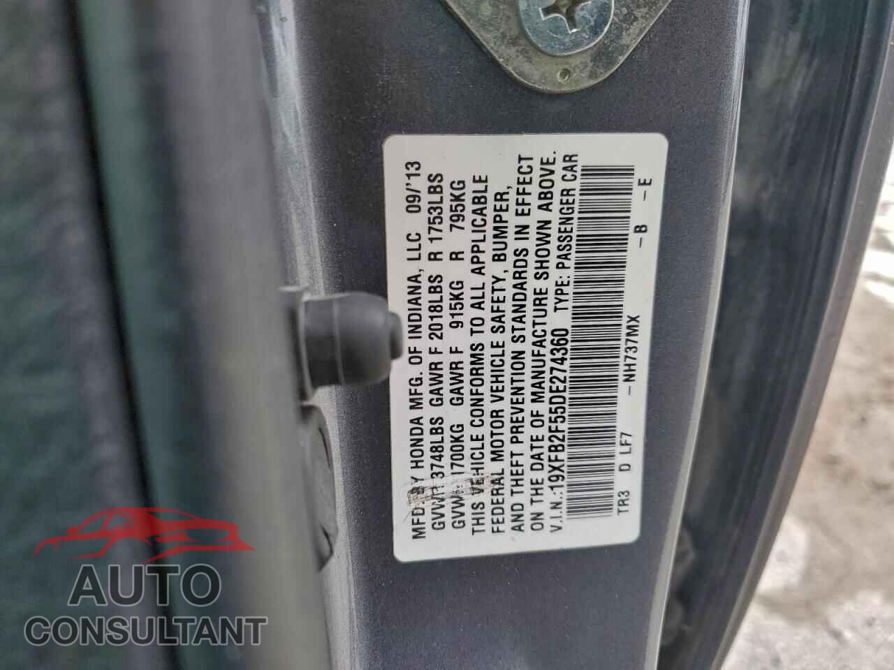 HONDA CIVIC 2013 - 19XFB2F55DE274360