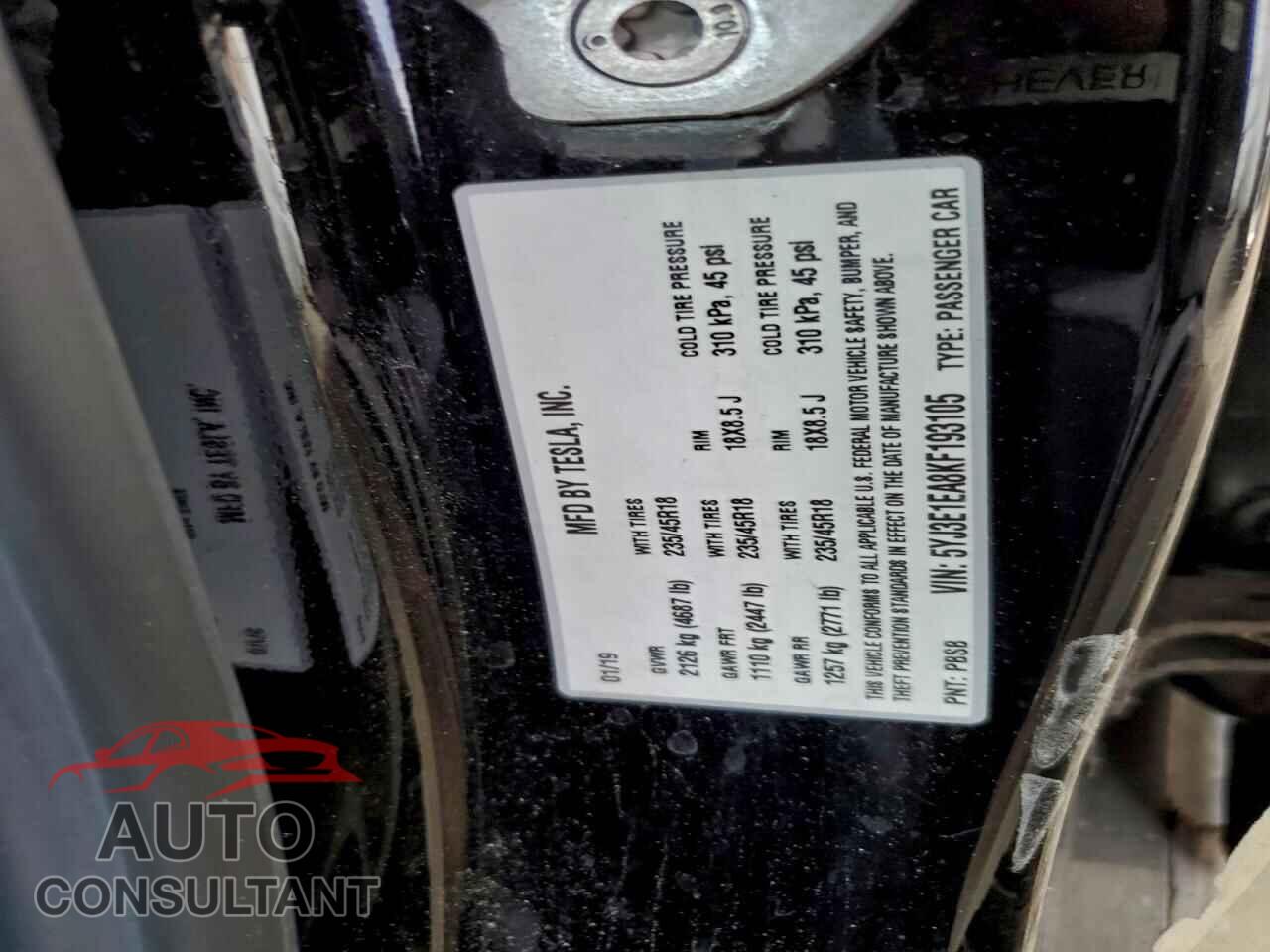 TESLA MODEL 3 2019 - 5YJ3E1EA8KF193105