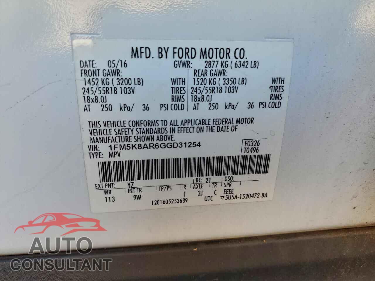 FORD EXPLORER 2016 - 1FM5K8AR6GGD31254