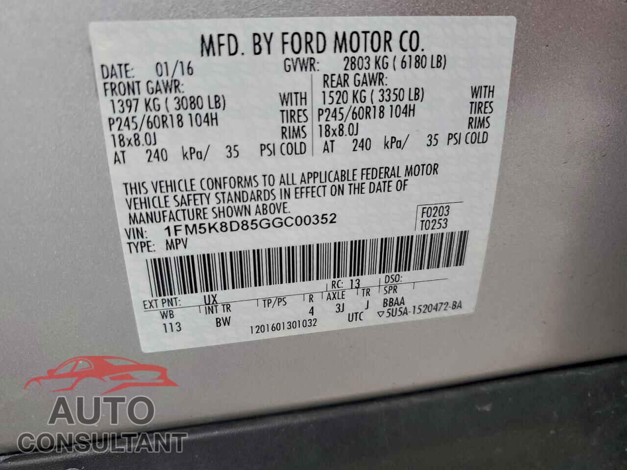 FORD EXPLORER 2016 - 1FM5K8D85GGC00352