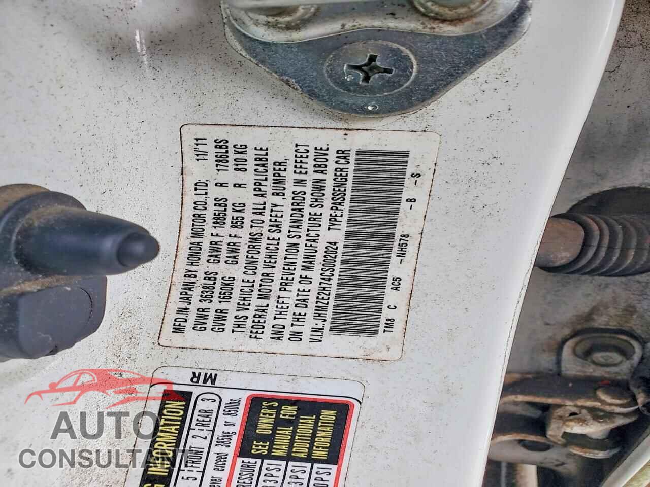 HONDA INSIGHT 2012 - JHMZE2H74CS002024