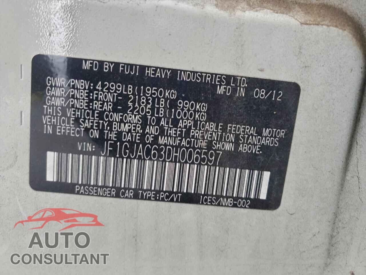 SUBARU IMPREZA 2013 - JF1GJAC63DH006597