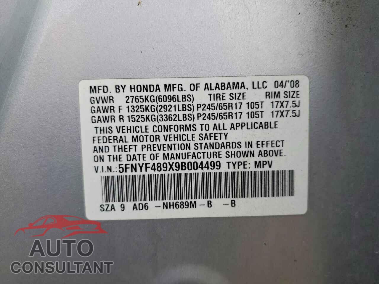 HONDA PILOT 2009 - 5FNYF489X9B004499