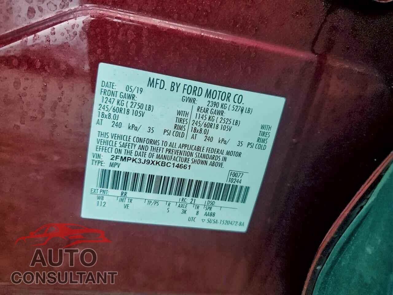 FORD EDGE 2019 - 2FMPK3J9XKBC14661