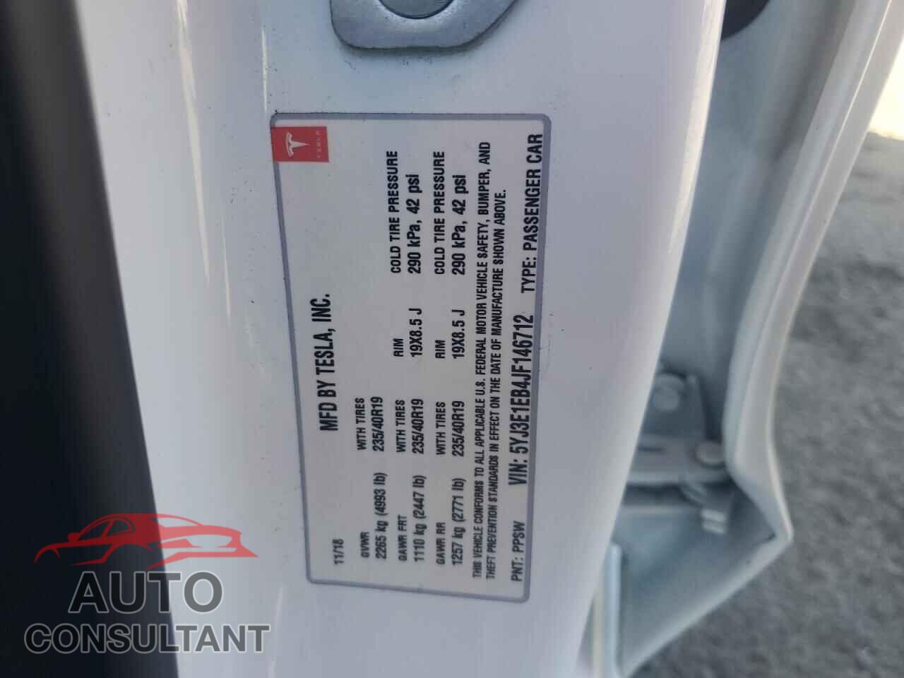 TESLA MODEL 3 2018 - 5YJ3E1EB4JF146712