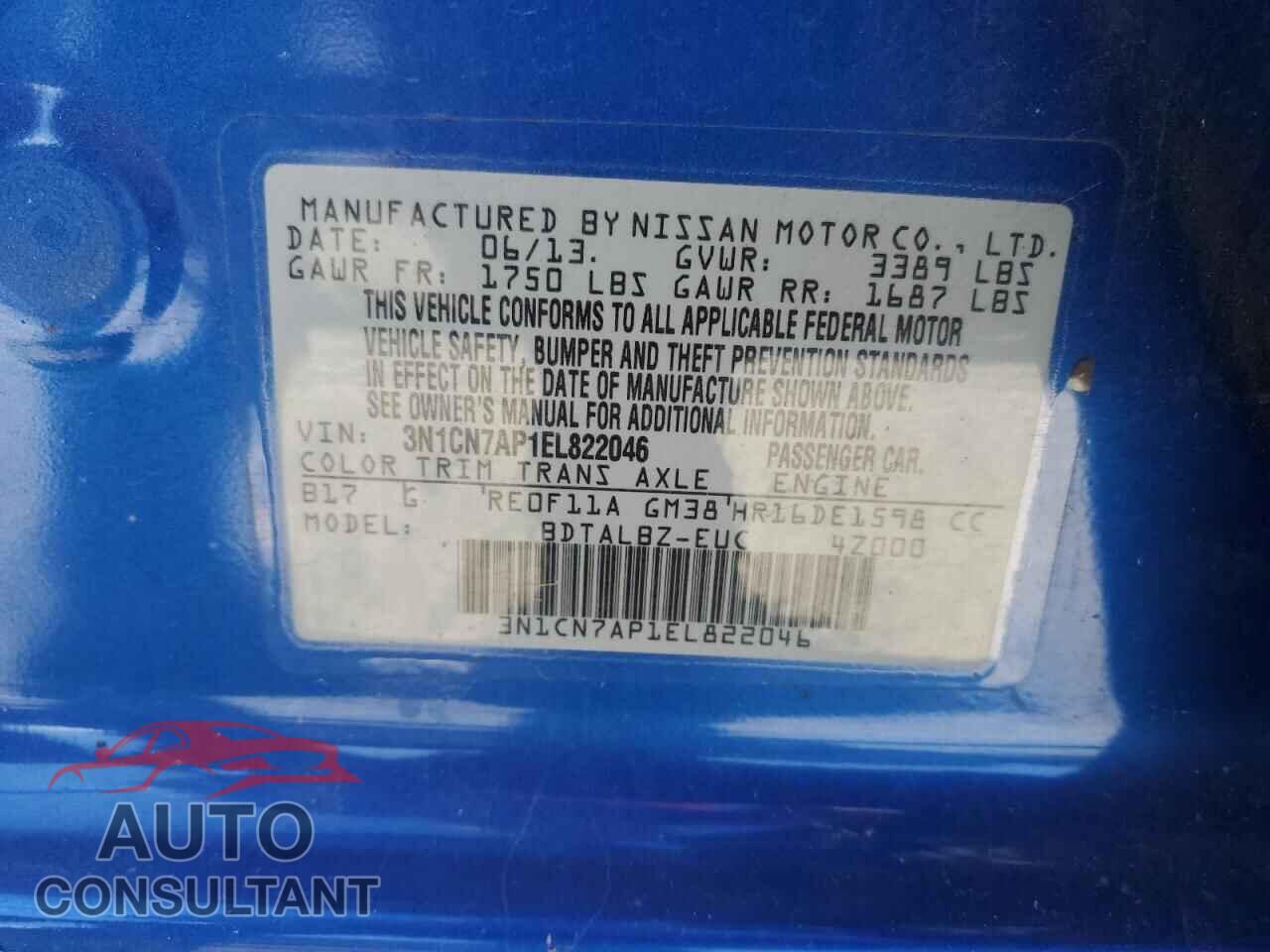 NISSAN VERSA 2014 - 3N1CN7AP1EL822046